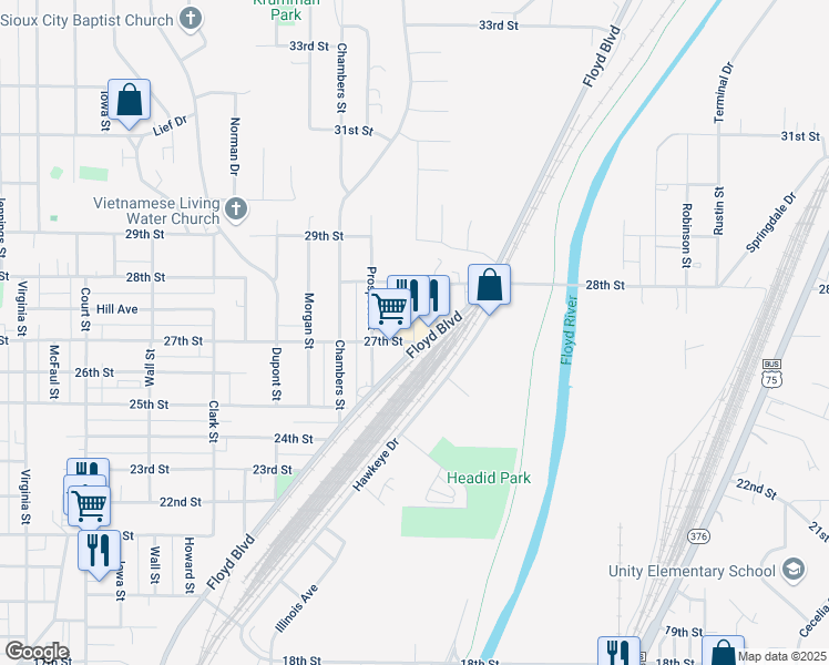 map of restaurants, bars, coffee shops, grocery stores, and more near 2036-2072 27th Street in Sioux City