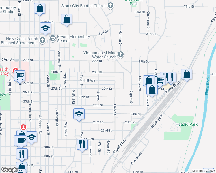 map of restaurants, bars, coffee shops, grocery stores, and more near 1400-1498 27th St in Sioux City