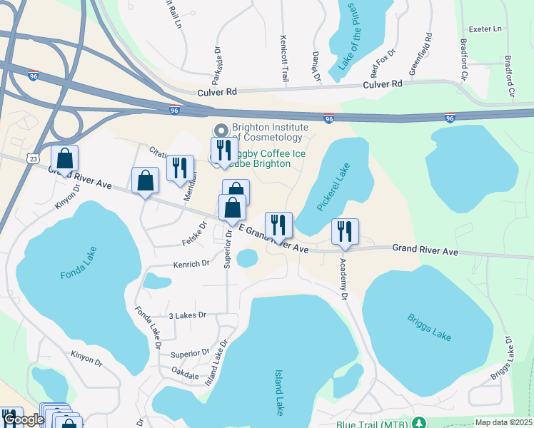 map of restaurants, bars, coffee shops, grocery stores, and more near 10801 East Grand River Avenue in Brighton