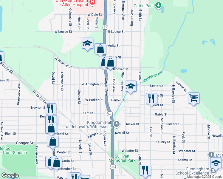 map of restaurants, bars, coffee shops, grocery stores, and more near 1224 Logan Avenue in Waterloo