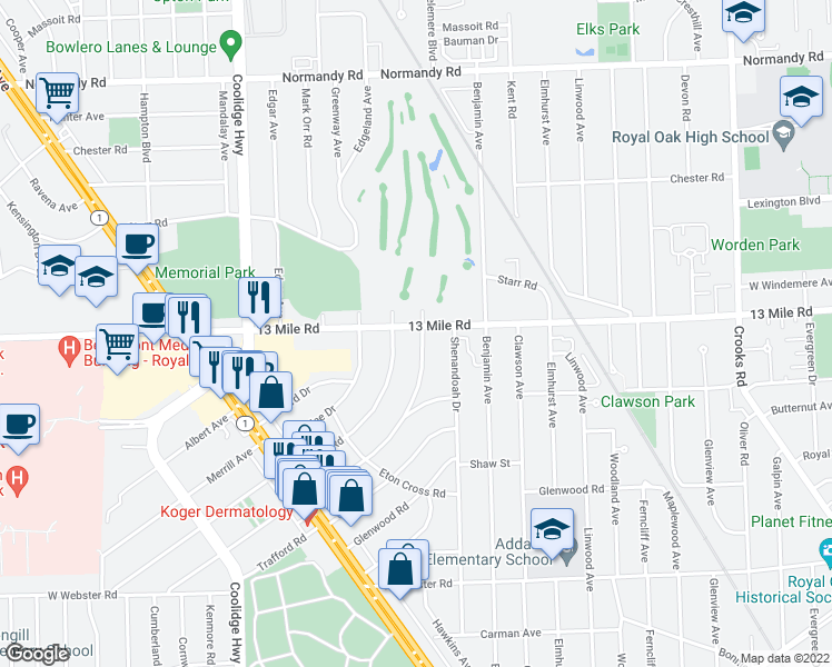 map of restaurants, bars, coffee shops, grocery stores, and more near 2715 Bamlet Road in Royal Oak