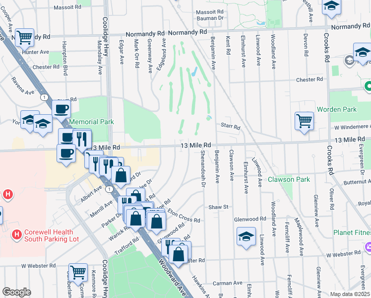 map of restaurants, bars, coffee shops, grocery stores, and more near 2715 Bamlet Road in Royal Oak
