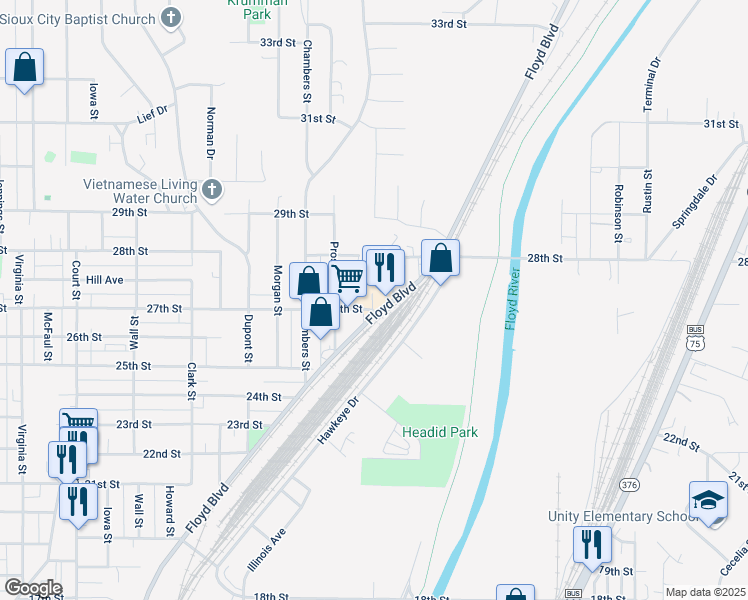 map of restaurants, bars, coffee shops, grocery stores, and more near 2036-2072 27th Street in Sioux City