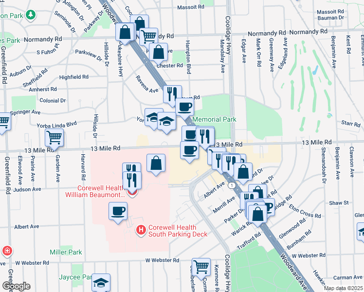 map of restaurants, bars, coffee shops, grocery stores, and more near 3450 West 13 Mile Road in Royal Oak