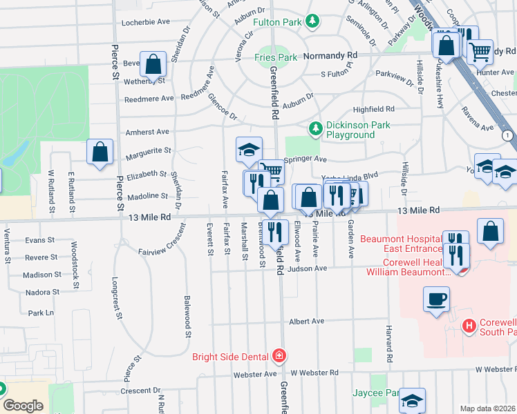 map of restaurants, bars, coffee shops, grocery stores, and more near 15600 West 13 Mile Road in Beverly Hills