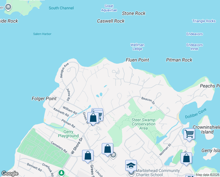 map of restaurants, bars, coffee shops, grocery stores, and more near 23 Whittier Road in Marblehead