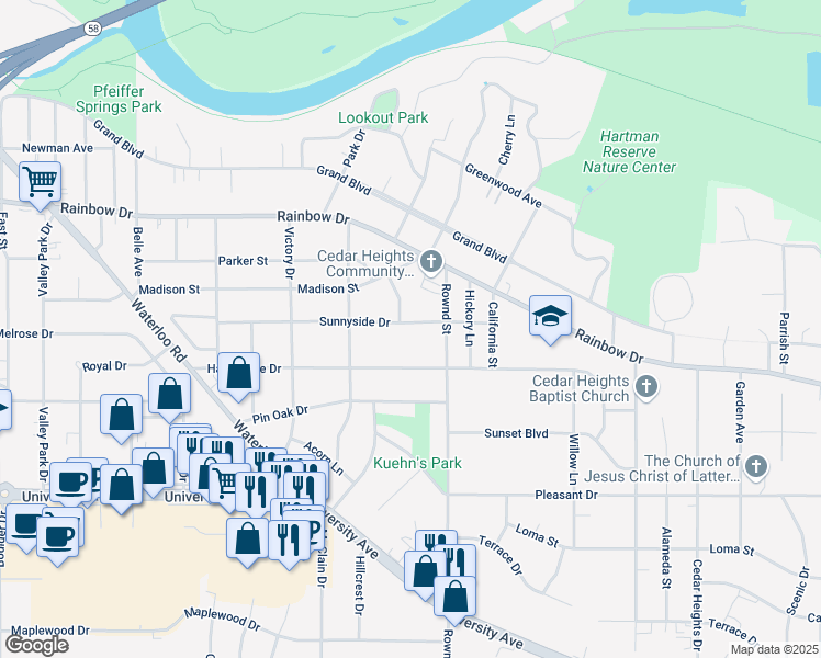 map of restaurants, bars, coffee shops, grocery stores, and more near 1925 Sunnyside Drive in Cedar Falls