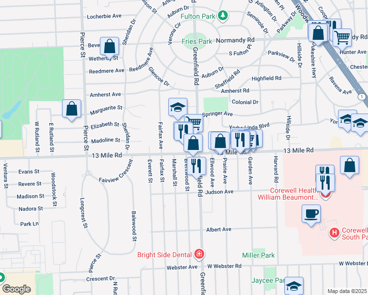 map of restaurants, bars, coffee shops, grocery stores, and more near 15600 13 Mile Road in Beverly Hills