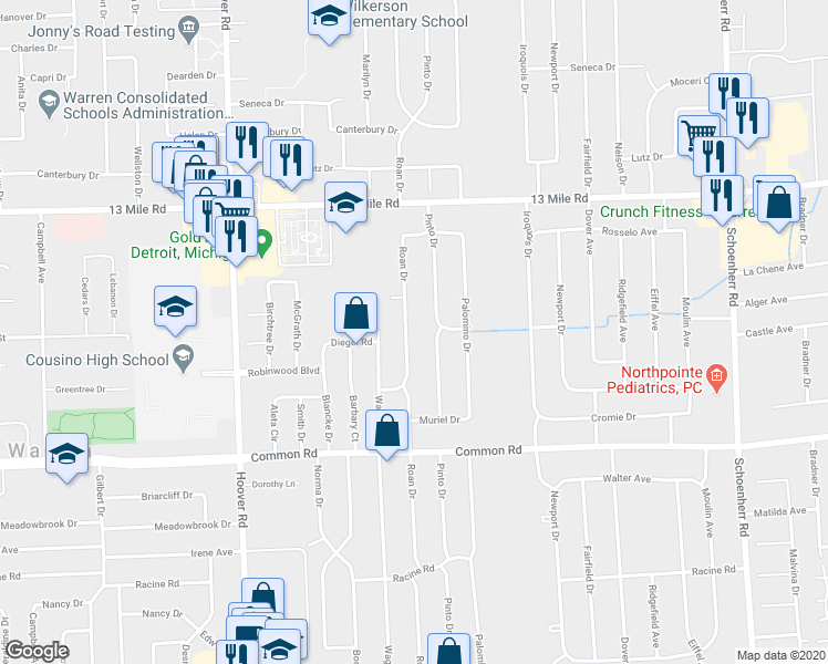 map of restaurants, bars, coffee shops, grocery stores, and more near 30364 Roan Drive in Warren