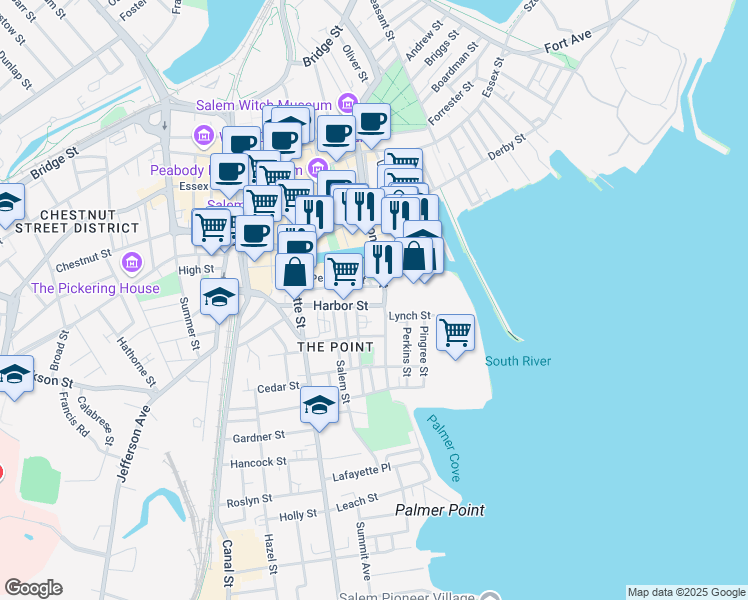 map of restaurants, bars, coffee shops, grocery stores, and more near 69 Harbor Street in Salem