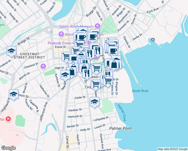 map of restaurants, bars, coffee shops, grocery stores, and more near 33 Harbor Street in Salem