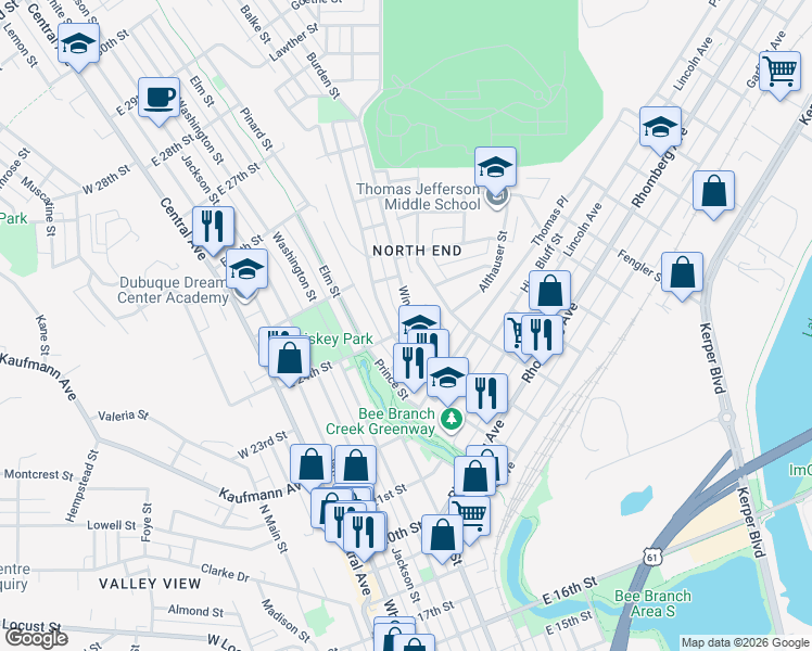 map of restaurants, bars, coffee shops, grocery stores, and more near 620 East 24th Street in Dubuque