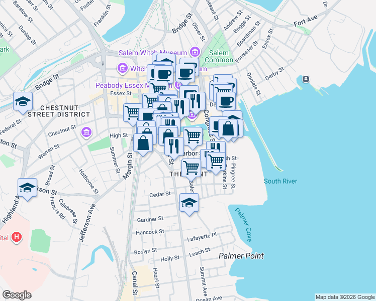 map of restaurants, bars, coffee shops, grocery stores, and more near 32 Harbor Street in Salem