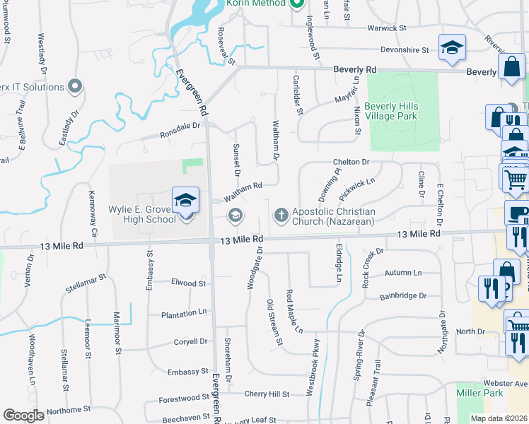 map of restaurants, bars, coffee shops, grocery stores, and more near 31035 Tremont Lane in Franklin