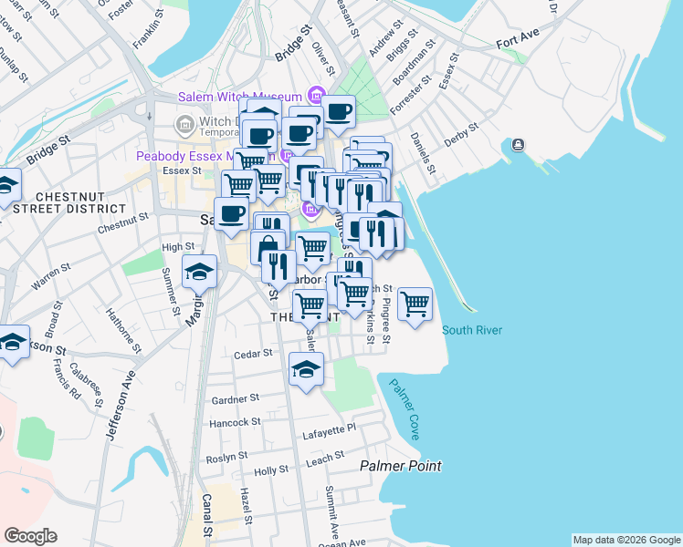 map of restaurants, bars, coffee shops, grocery stores, and more near 69 Harbor Street in Salem