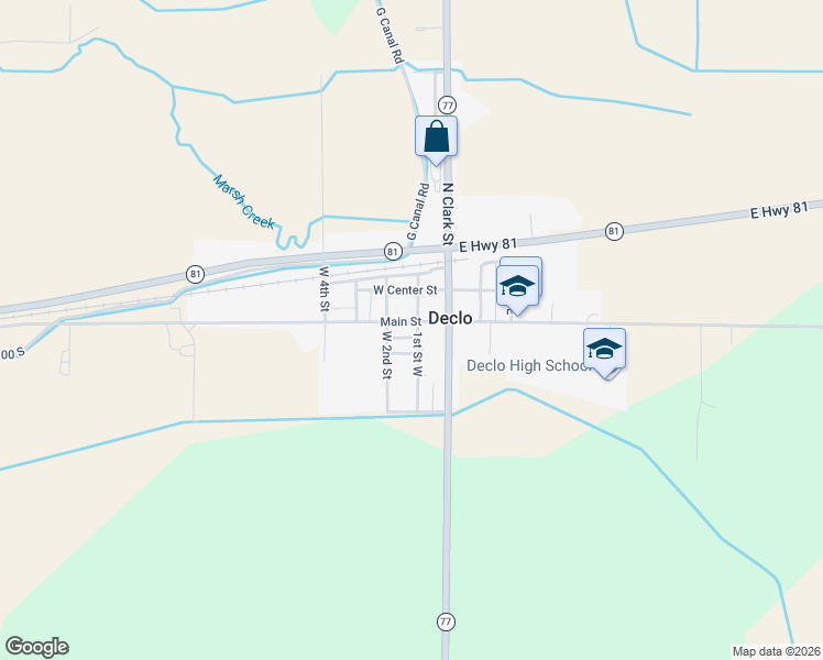 map of restaurants, bars, coffee shops, grocery stores, and more near 105 South 835 East in Declo