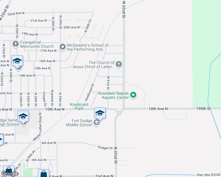 map of restaurants, bars, coffee shops, grocery stores, and more near 3104 12th Ave N in Fort Dodge