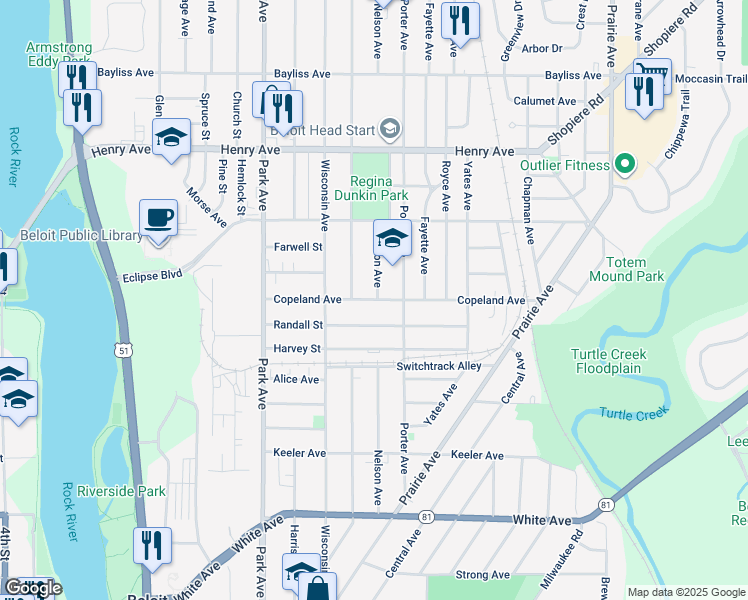 map of restaurants, bars, coffee shops, grocery stores, and more near 1226 Copeland Avenue in Beloit