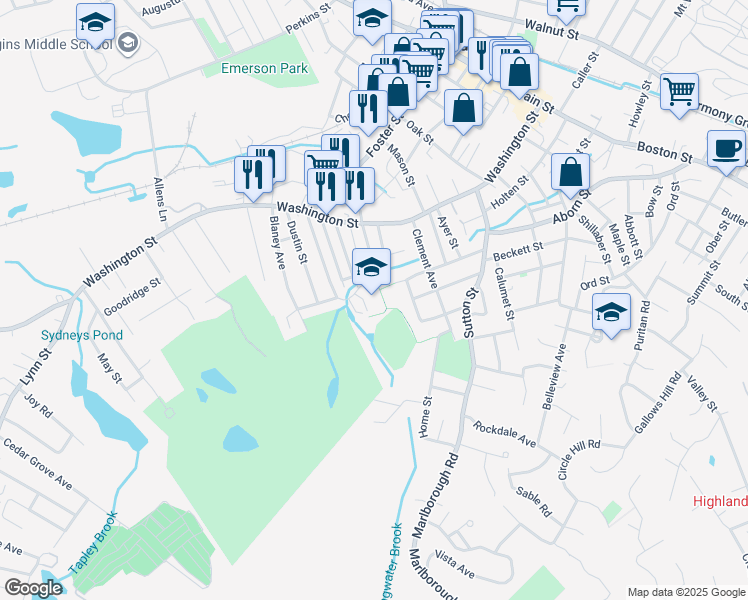 map of restaurants, bars, coffee shops, grocery stores, and more near 50 Swampscott Avenue in Peabody