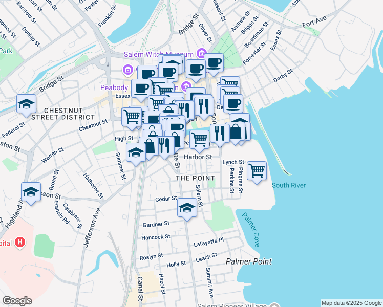 map of restaurants, bars, coffee shops, grocery stores, and more near 32 Harbor Street in Salem
