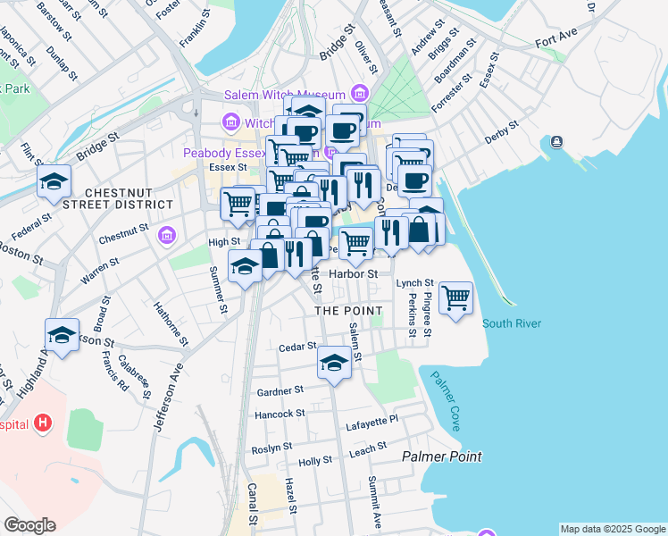 map of restaurants, bars, coffee shops, grocery stores, and more near 32 Harbor Street in Salem