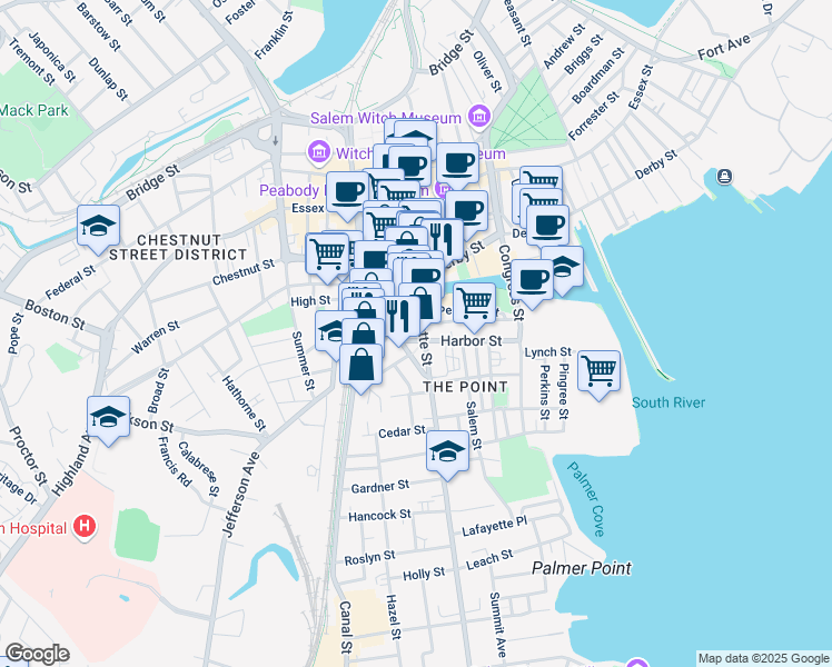 map of restaurants, bars, coffee shops, grocery stores, and more near 131 Lafayette Street in Salem