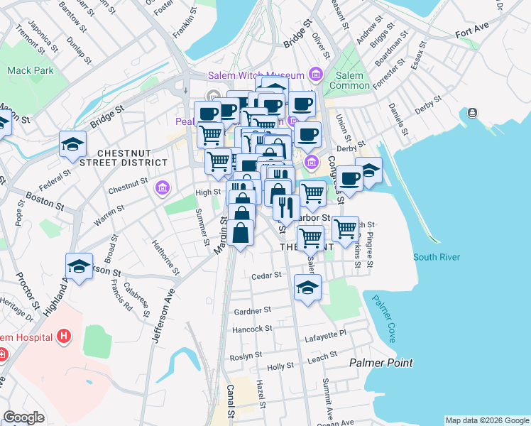 map of restaurants, bars, coffee shops, grocery stores, and more near 5 Pond Street in Salem