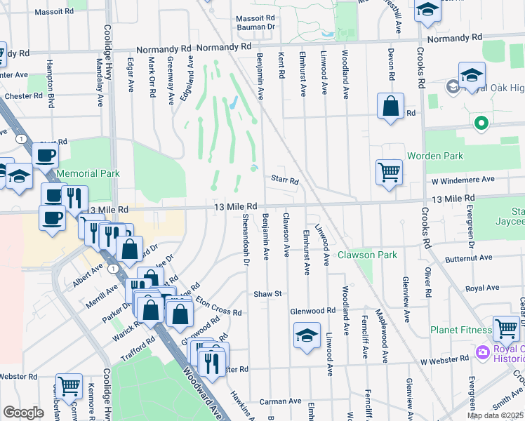 map of restaurants, bars, coffee shops, grocery stores, and more near 3225 Benjamin Avenue in Royal Oak
