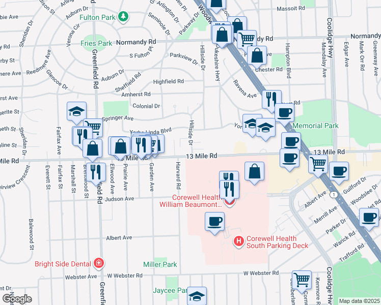 map of restaurants, bars, coffee shops, grocery stores, and more near in Royal Oak