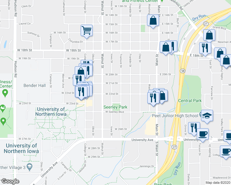 map of restaurants, bars, coffee shops, grocery stores, and more near 504 West 22nd Street in Cedar Falls