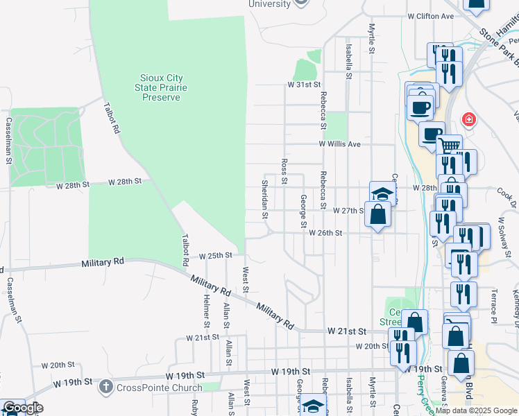 map of restaurants, bars, coffee shops, grocery stores, and more near 2626-2698 Sheridan Street in Sioux City