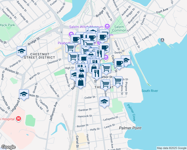 map of restaurants, bars, coffee shops, grocery stores, and more near 131 Lafayette Street in Salem
