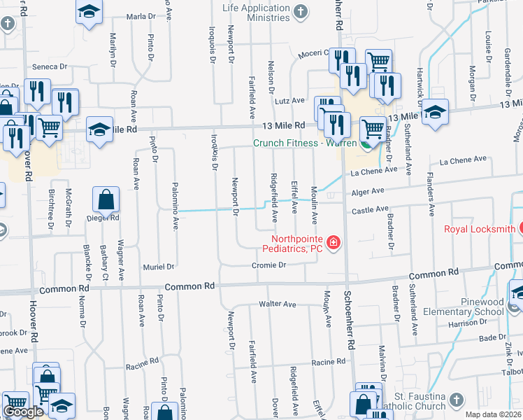 map of restaurants, bars, coffee shops, grocery stores, and more near 30546 Dover Avenue in Warren