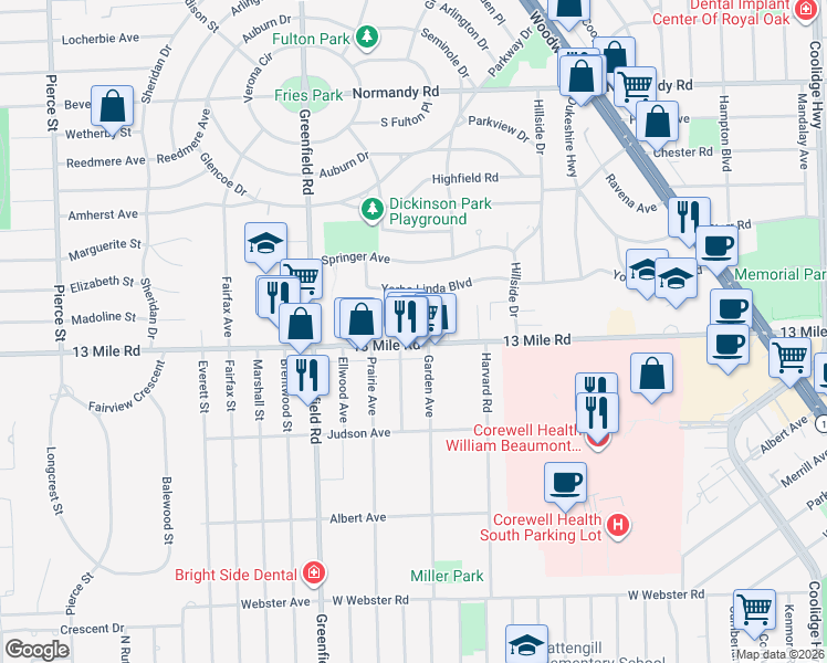 map of restaurants, bars, coffee shops, grocery stores, and more near 4120 West 13 Mile Road in Royal Oak