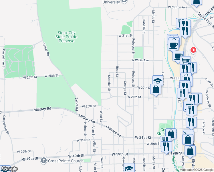 map of restaurants, bars, coffee shops, grocery stores, and more near 2626-2698 Sheridan Street in Sioux City