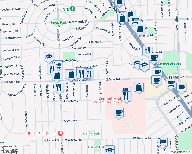map of restaurants, bars, coffee shops, grocery stores, and more near 4018 13 Mile Road in Royal Oak