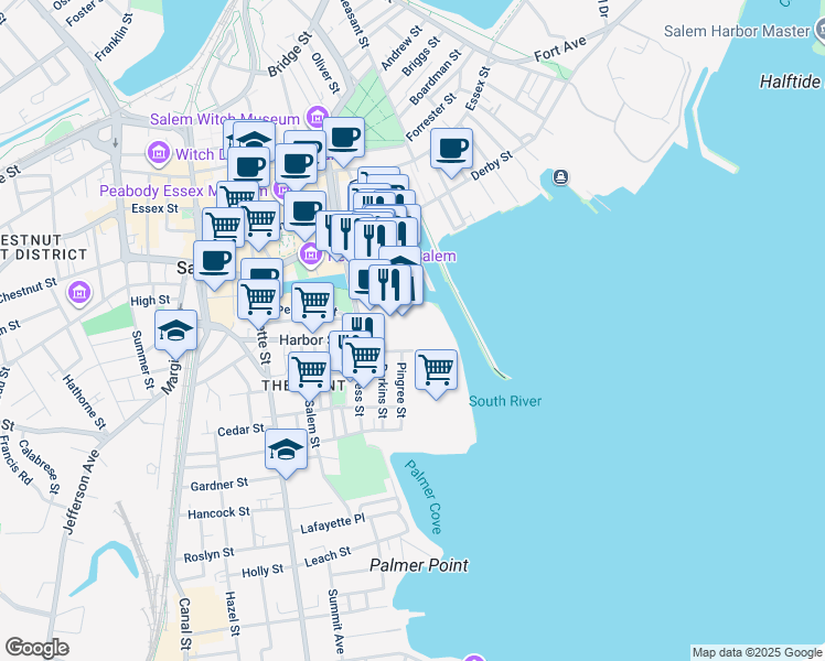 map of restaurants, bars, coffee shops, grocery stores, and more near 27-47 Congress Street in Salem