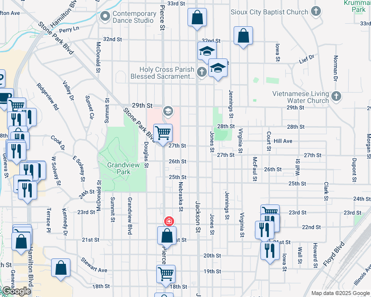map of restaurants, bars, coffee shops, grocery stores, and more near 2614 Nebraska St in Sioux City