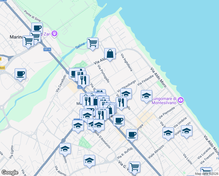 map of restaurants, bars, coffee shops, grocery stores, and more near Via Portogallo in Montesilvano Marina