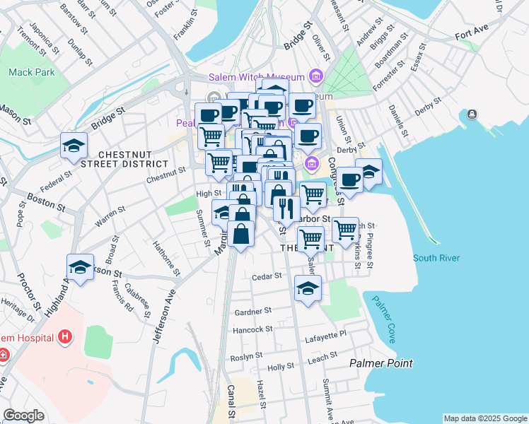 map of restaurants, bars, coffee shops, grocery stores, and more near 257 Washington Street in Salem