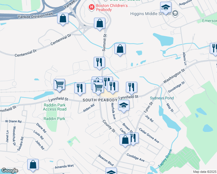 map of restaurants, bars, coffee shops, grocery stores, and more near 9 Christina Drive in Peabody