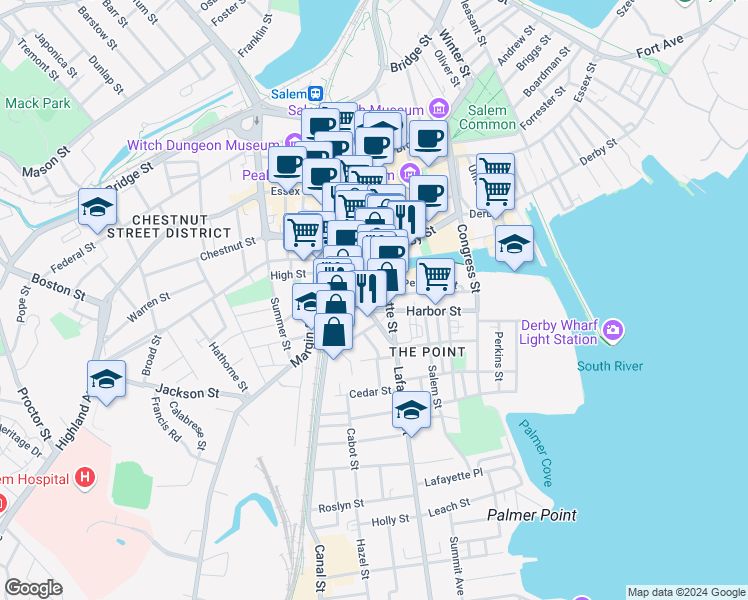 map of restaurants, bars, coffee shops, grocery stores, and more near 5 Pond Street in Salem