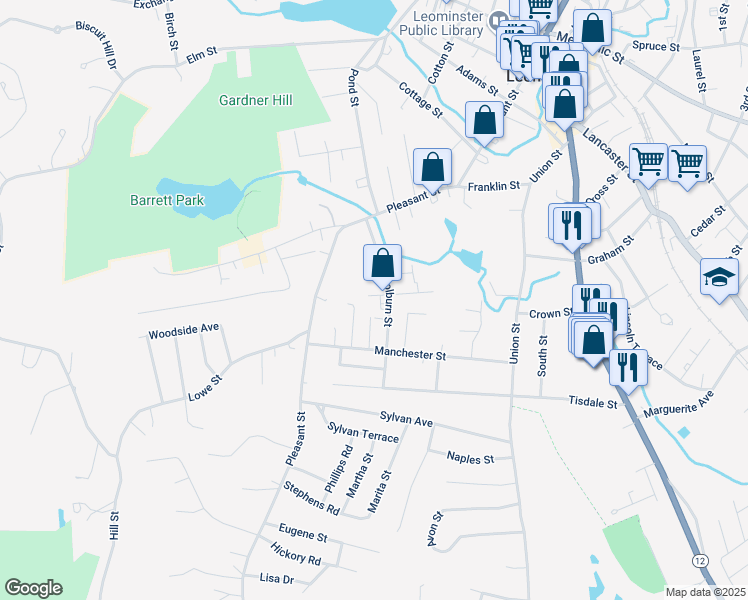 map of restaurants, bars, coffee shops, grocery stores, and more near 34 Marjorie Street in Leominster