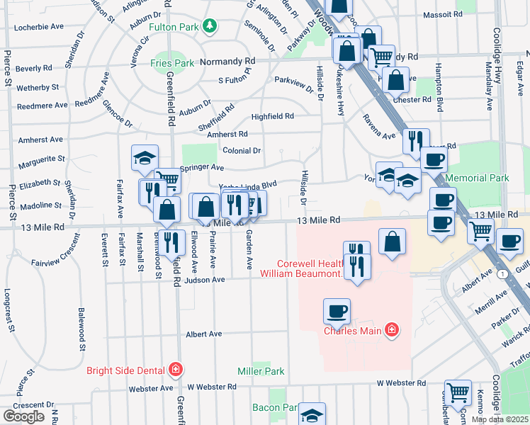 map of restaurants, bars, coffee shops, grocery stores, and more near 4044 13 Mile Road in Royal Oak