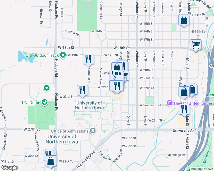 map of restaurants, bars, coffee shops, grocery stores, and more near in Cedar Falls