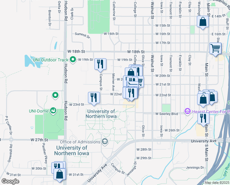 map of restaurants, bars, coffee shops, grocery stores, and more near in Cedar Falls