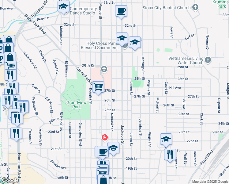 map of restaurants, bars, coffee shops, grocery stores, and more near 2614 Nebraska St in Sioux City