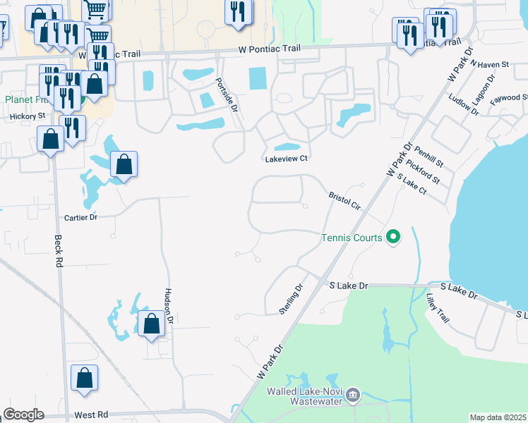 map of restaurants, bars, coffee shops, grocery stores, and more near 45767 Bristol Circle in Novi