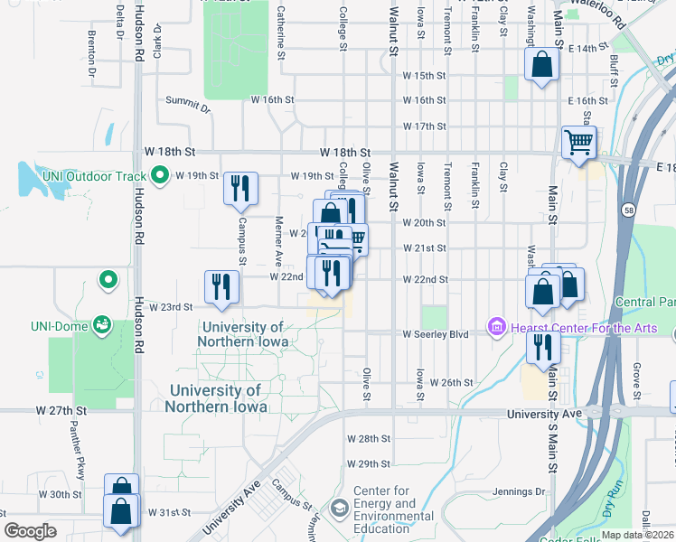 map of restaurants, bars, coffee shops, grocery stores, and more near 2202 College Street in Cedar Falls