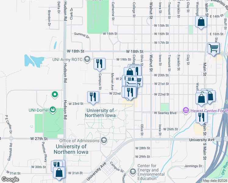map of restaurants, bars, coffee shops, grocery stores, and more near 1123 West 22nd Street in Cedar Falls